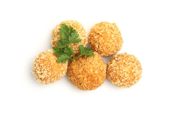 Delicious fried croquette balls and parsley isolated on white, top view