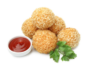 Delicious fried croquette balls, ketchup and parsley isolated on white