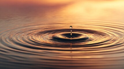 Water ripples from a falling drop at sunset.
