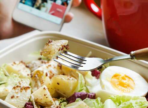 Potato Salad with Boiled Egg and greens in bowl closeup view of Healthy Lunch