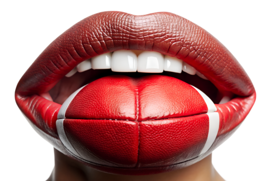 A womans red lips holding a football in her mouth isolated on white isolated on transparent background - Powered by Adobe