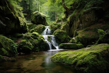 Obraz premium Moss covered rocks in a temperate forest waterfall Central Europe