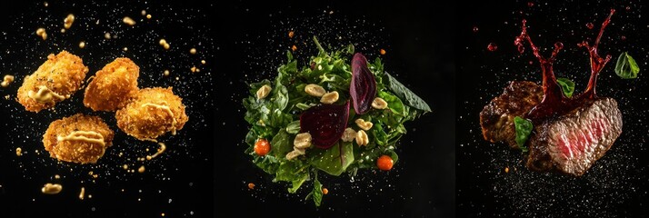  honey mustard sauce splashing onto crispy chicken nuggets, beetroot sauce cascading onto a fresh salad, chimichurri sauce splashing onto grilled steak, isolated on black background