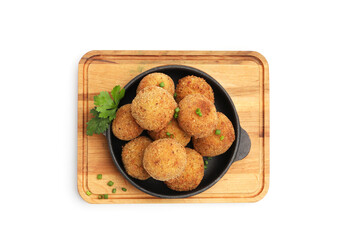 Delicious fried croquette balls with green onion and parsley isolated on white, top view