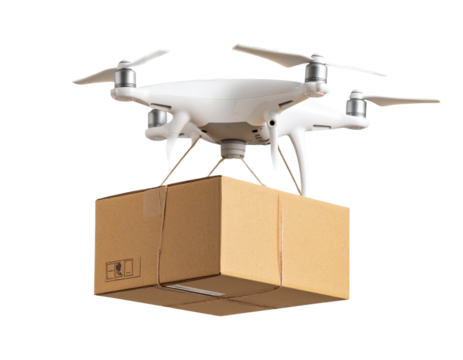 Drone Carrying a Parcel Box, Aerial View, Isolated on Transparent Background