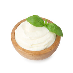 Delicious yogurt with basil in bowl isolated on white