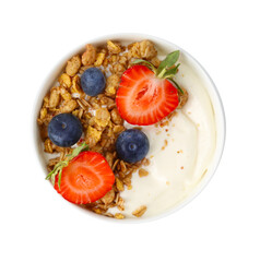 Tasty yogurt with granola and berries isolated on white, top view