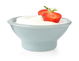 Delicious yogurt in bowl and strawberry isolated on white