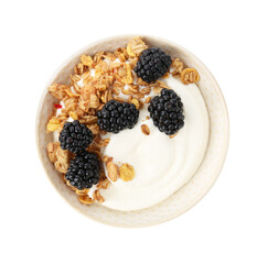 Tasty yogurt with granola and blackberries in bowl isolated on white