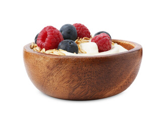 Tasty yogurt with granola and berries in bowl isolated on white