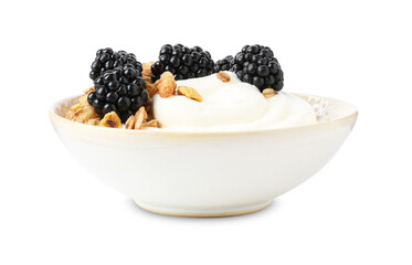 Tasty yogurt with granola and blackberries in bowl isolated on white