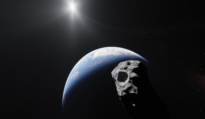 Asteroid Approaching Earth in Outer Space with Sunlight in Background © edb3_16