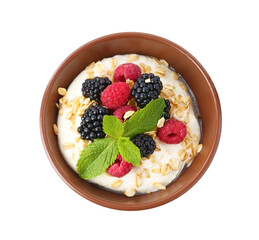 Tasty yogurt with granola and berries in bowl isolated on white, top view