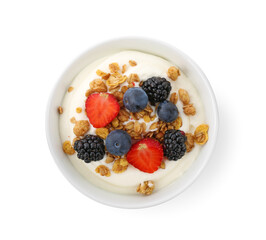 Tasty yogurt with granola and berries in bowl isolated on white, top view