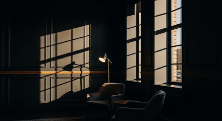 Modern minimalist interior with soft lighting and dark shadows casting on the window - cozy and elegant living room ambiance with geometric architecture.

