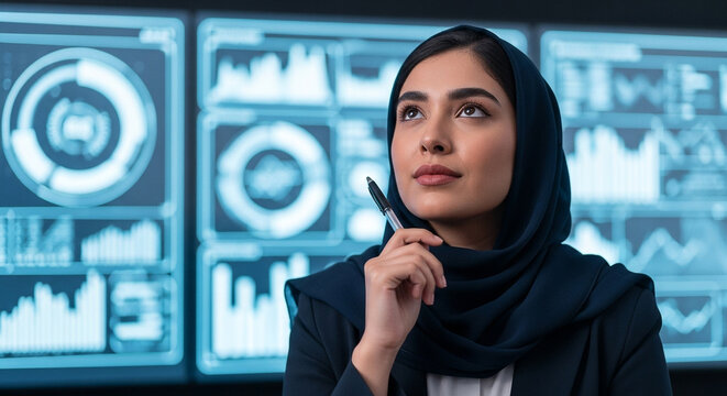 Brilliant businesswoman analyzes market data with visionary insight in a modern high tech office, ready to transform your brand and project