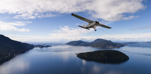 Scenic 3D Aerial Rendering of an Airplane Over Coastal Landscape