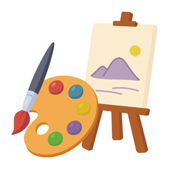Art studio tools palette brush and easel. Artist workplace accessories. Creative painting illustration