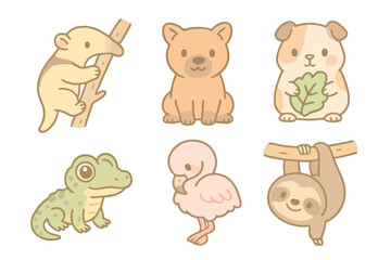 Obraz premium Cartoon pastel icons of cute animals: tamandua-mirim, bush dog, guinea pig, dwarf caiman, flamingo, and sloth cub. Transparent background, soft tones, no text.