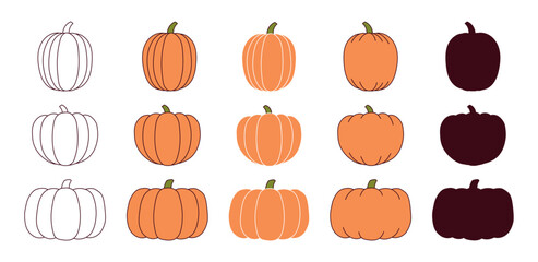 Pumpkin, squash, autumn vegetable isolated on transparent. Hand drawn vector illustration. Line art, flat design. Halloween, Thanksgiving, harvest festival traditional elements collection, clipart set