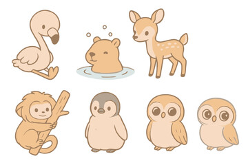 Cartoon pastel icons of cute animals: flamingo, capybara, fawn, golden lion tamarin, penguin, and owl chick. Soft tones, no text, transparent background.