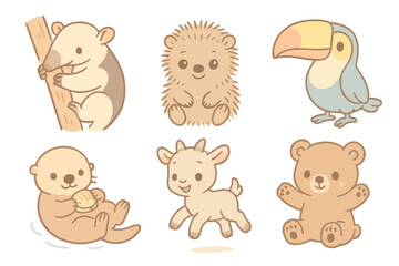 Adorable baby animals in cartoon pastel style for kids’ illustrations, stock vectors, stickers, and UI kits. Clean outlines and friendly look.