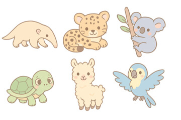Cartoon icons of cute animals: anteater, jaguar cub, koala, turtle, llama, and baby macaw. Pastel tones, soft outlines, transparent background, no text.
