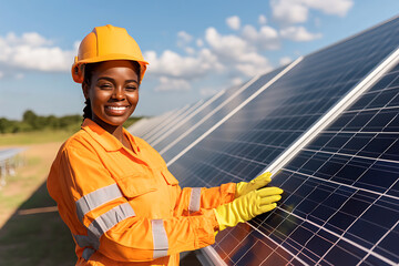 Technician Inspecting Solar Panels for Efficiency: A worker with hardhat and gloves checks panels in an outdoor solar energy farm, promoting clean energy.