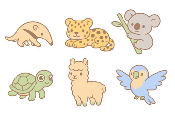 Adorable cartoon baby animals in pastel colors, perfect for children’s illustrations, stock assets, UI kits and playful sticker designs.