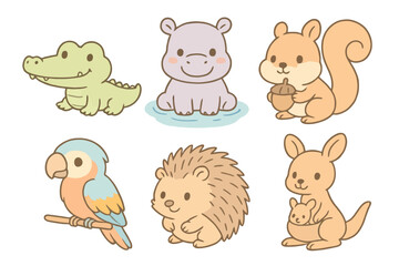Cartoon pastel icons of cute animals: alligator, hippo, squirrel, macaw, porcupine, and kangaroo joey. Transparent background, soft colors, no text.