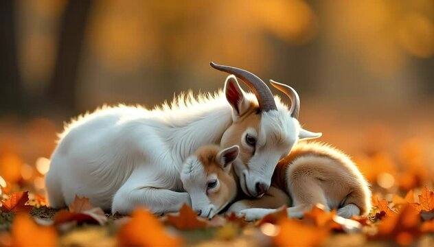 Pygmy goat hugging its baby gently under the shade