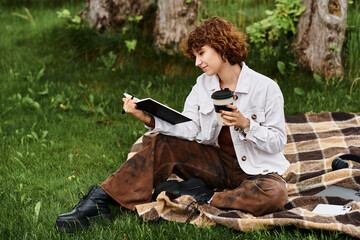 Young woman enjoys a peaceful moment writing in a notebook under the sun in a green park