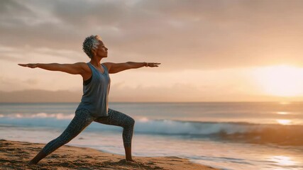 Black woman doing yoga on sandy beach, African American woman doing yoga pose on beach enjoying tranquility, atmosphere of relaxation and peace, taking care of your body and mind - Powered by Adobe