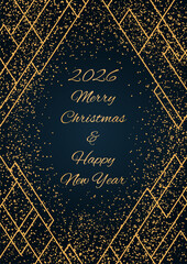 2026 Happy New Year, golden glitter, geometric art deco frame on dark background, with text. Flat style vector illustration. Abstract design. Concept for holiday greeting card, poster, banner, flyer