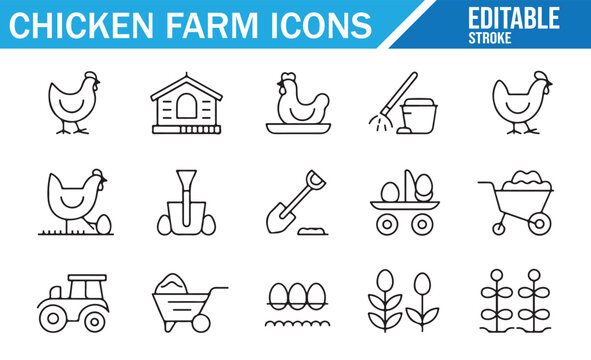 Set of poultry farm icons featuring chickens, eggs, tools, and tractors for farming solutions