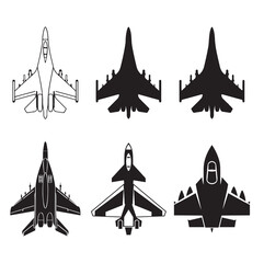 F-35 Fighter jet aircraft silhouette, cartoon, outline. Military equipment set