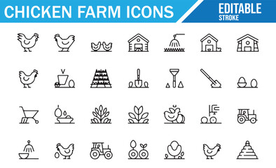 Set of farm icons depicting chickens, eggs, tools, and farming equipment for agriculture projects