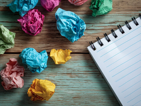 Crumpled paper balls and sketchpad on wooden desk