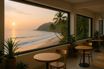 Fototapeta premium Ocean View Cafe: A scenic cafe overlooking the ocean during sunset, offering a tranquil view with tables and chairs, creating a perfect relaxing ambiance.