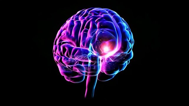 Digital rendering of a human brain with neural activity, glowing with neon colors on a transparent background