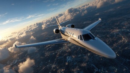 Fototapeta premium Sleek private jet soaring above a cityscape at sunset, clouds below, capturing speed and freedom. Ideal for travel and luxury concepts.