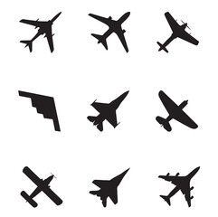 Airplane icons set, passenger plane, fighter plane and screw