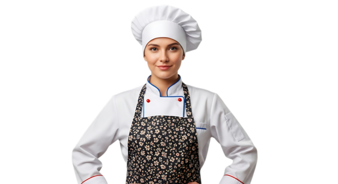 Woman chef wearing traditional uniform isolated on transparent background