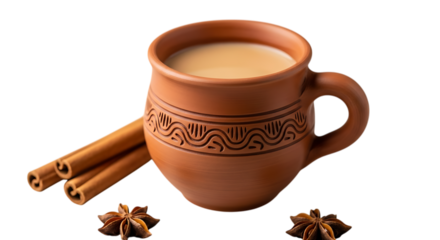 Masala chai in terracotta mug with cinnamon and star anise isolated on transparent background