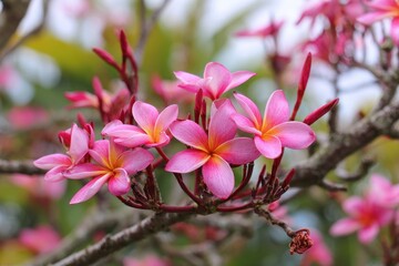 Fototapeta premium Pink Frangipani blossoms grow on the tree
