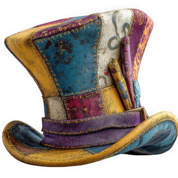 Whimsical patchwork top hat mad hatter style vibrant colors and textured fabric isolated on transparent background