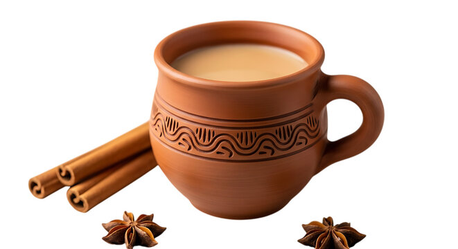 Masala chai in terracotta mug with cinnamon and star anise isolated on transparent background - Powered by Adobe