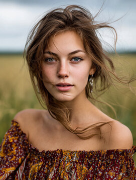 Girl with mix of Indian and Russian features, honey-colored eyes and soft jawline, bare shoulders, hair caught mid-motion by summer breeze, vertical.