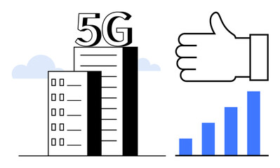 Obraz premium Skyscraper labeled 5G beside a thumbs-up and a bar graph of signal strength conveying technological progress. Ideal for connectivity, mobile networks, innovation, development, communication, growth