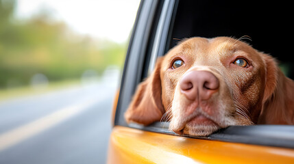 A dog leans out of a car window, its eyes and nose visible. The scene is blurred but gives a clear idea of a road trip and pet-friendly travels.